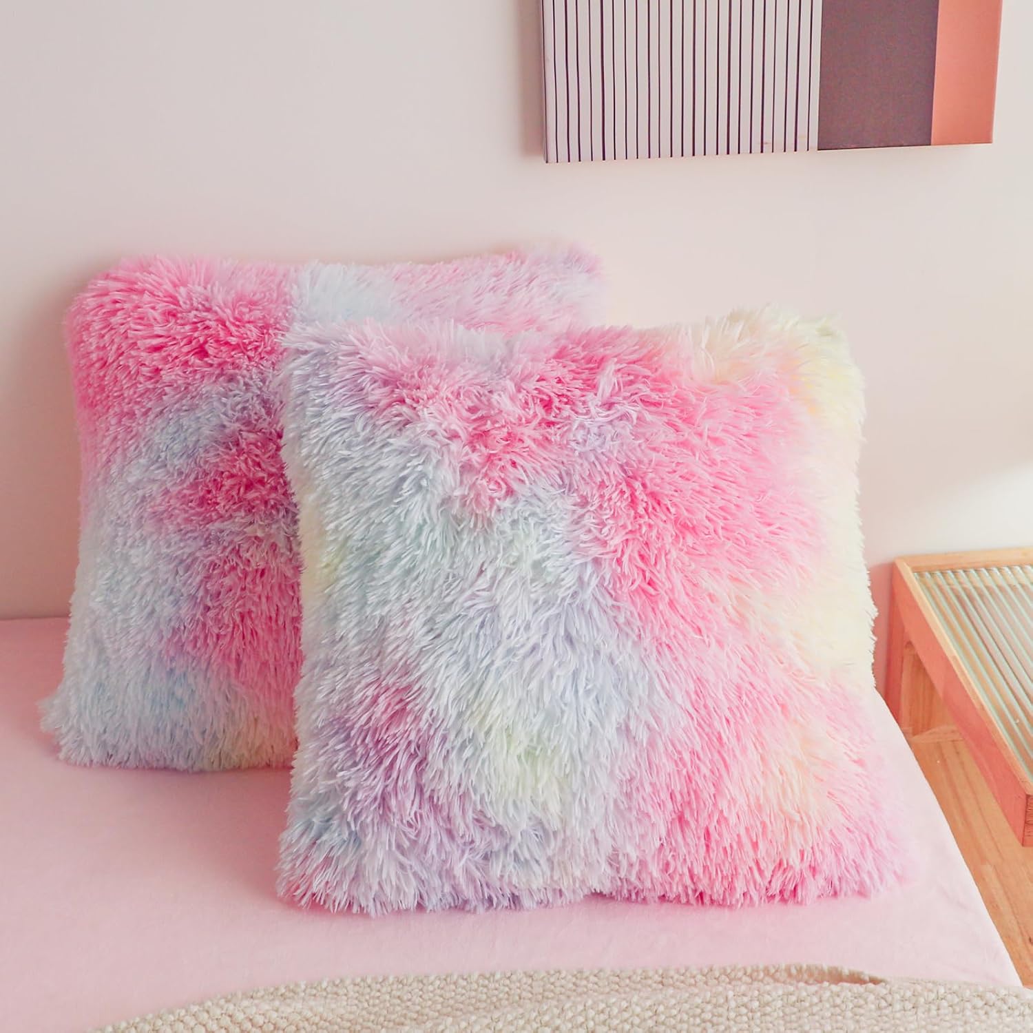 Faux Fur Tie Dye Pink Throw Pillow Covers, Fluffy Soft Fuzzy Decorative Pillow Cases Cute Pillowcases for Home Bedroom Living Room, Zipper Closure, Set of 2 (Tie Dye Pink, 18"x 18")