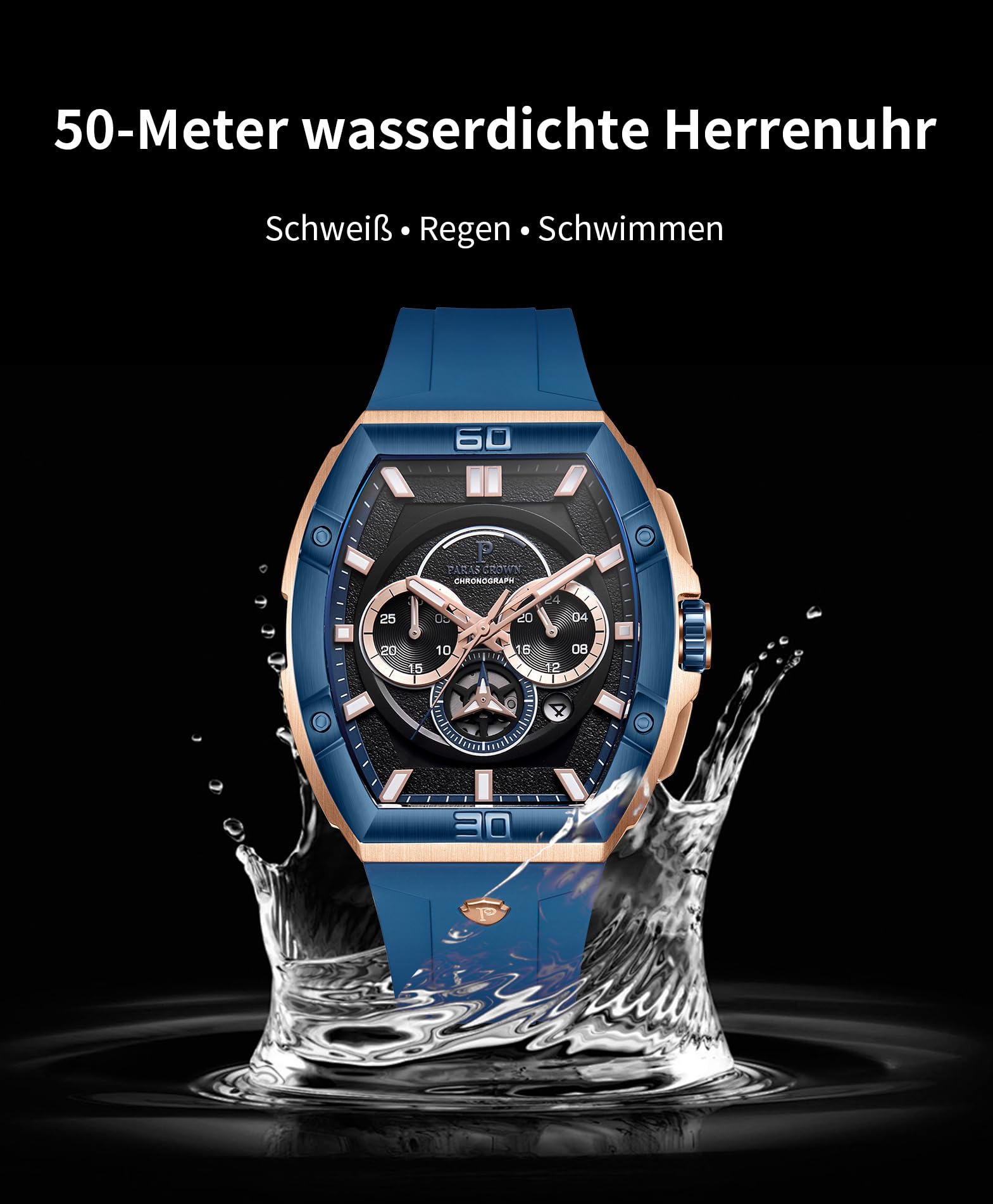 PC PARAS CROWN Uhren Herren Chronograph Quarzuhr mit Japanischem Uhrwerk 5ATM Edelstahl Tonneau-Gehäuse Silikonarmband