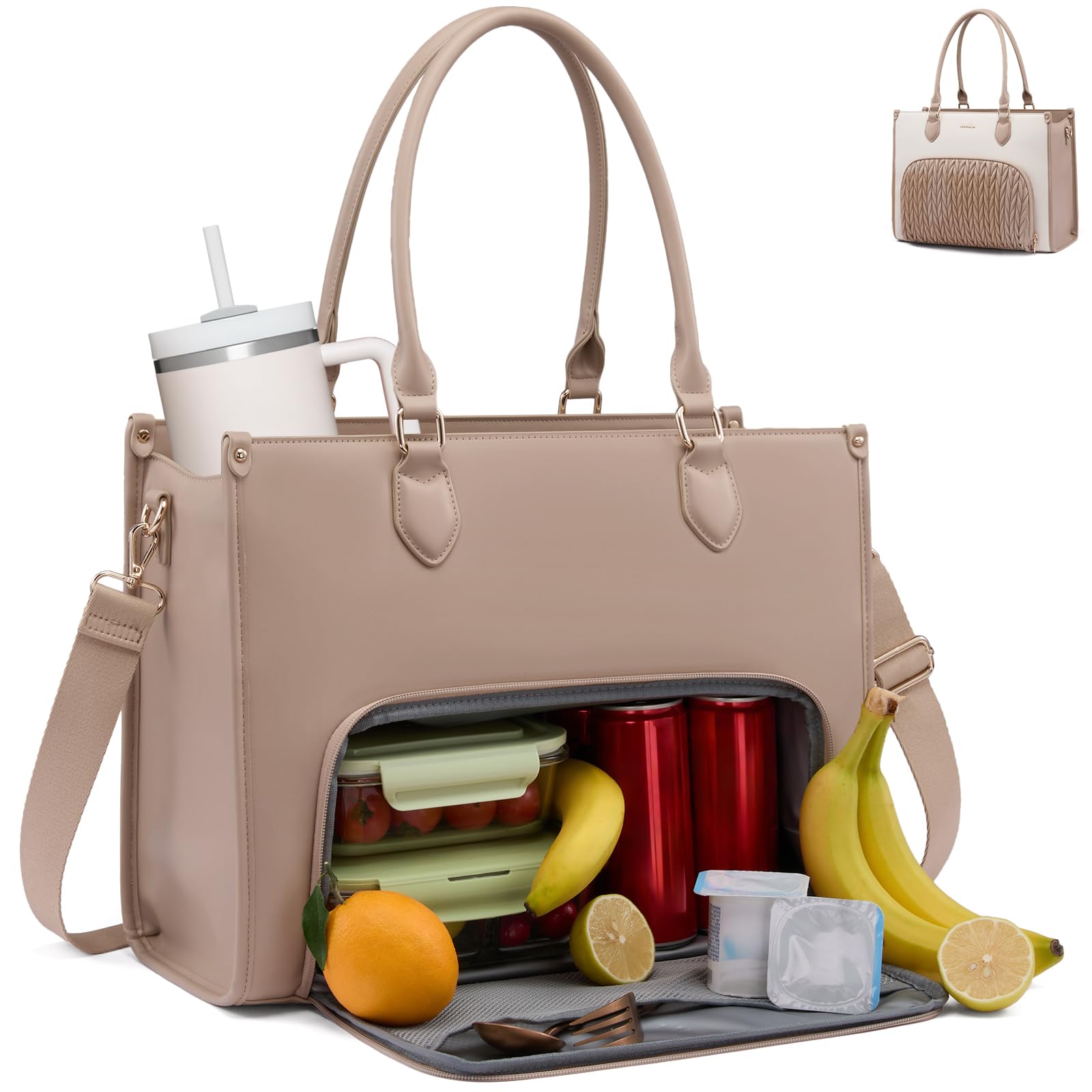 LOVEVOOK Sac de travail pour femme avec compartiment isotherme isotherme - Sac à main de taille moyenne - Sac pour ordinateur portable 15,6" - En cuir - Grand sac à lunch pour l'école, l'université