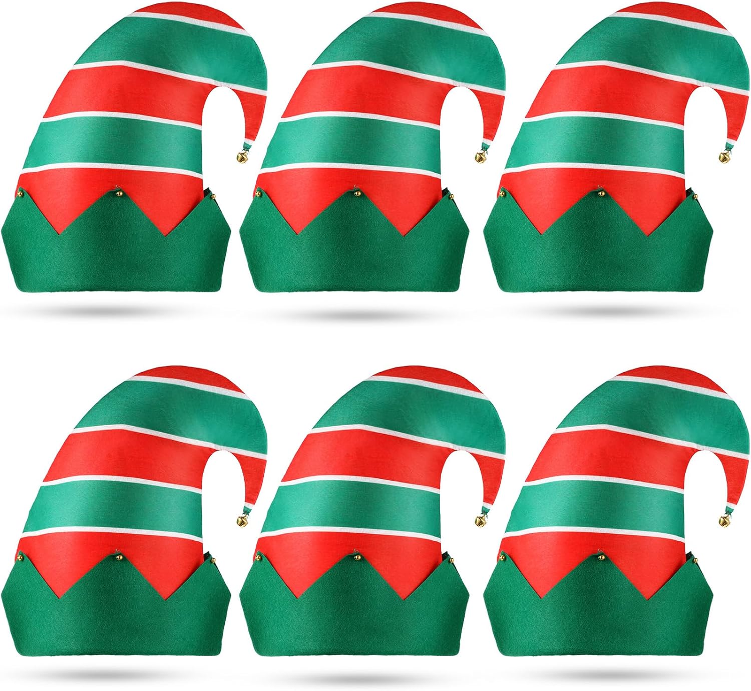 Laumoi 6 Pack Christmas Elf Felt Hats Green and Red Xmas Holiday Santa Hat Elf Bell Hat for Christmas Party Favors