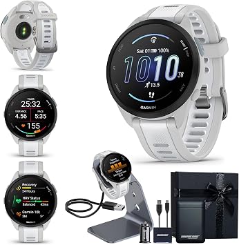Garmin Forerunner 165 GPS Running Smartwatch, Mist Gray/Whitestone | Advanced Health and Fitness Insights, Sleep Coach, Training Plans, Garmin Pay | Signature Series Watch Stand and Gift Bundle