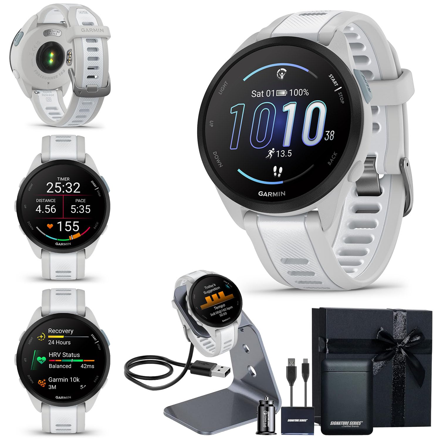 Garmin Forerunner 165 GPS Running Smartwatch, Mist Gray/Whitestone | Advanced Health and Fitness Insights, Sleep Coach, Training Plans, Garmin Pay | Signature Series Watch Stand and Gift Bundle Forerunner 165 - Signature Gift Bundle Whitestone