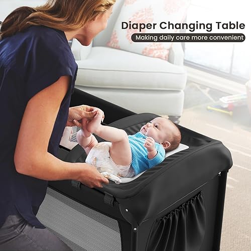 Miniatura 3 de Paquete grande y juega, cuna portátil con cambiador de pañales, colchón, juguetes y decoración colgantes, moisés de viaje para dormir junto a la