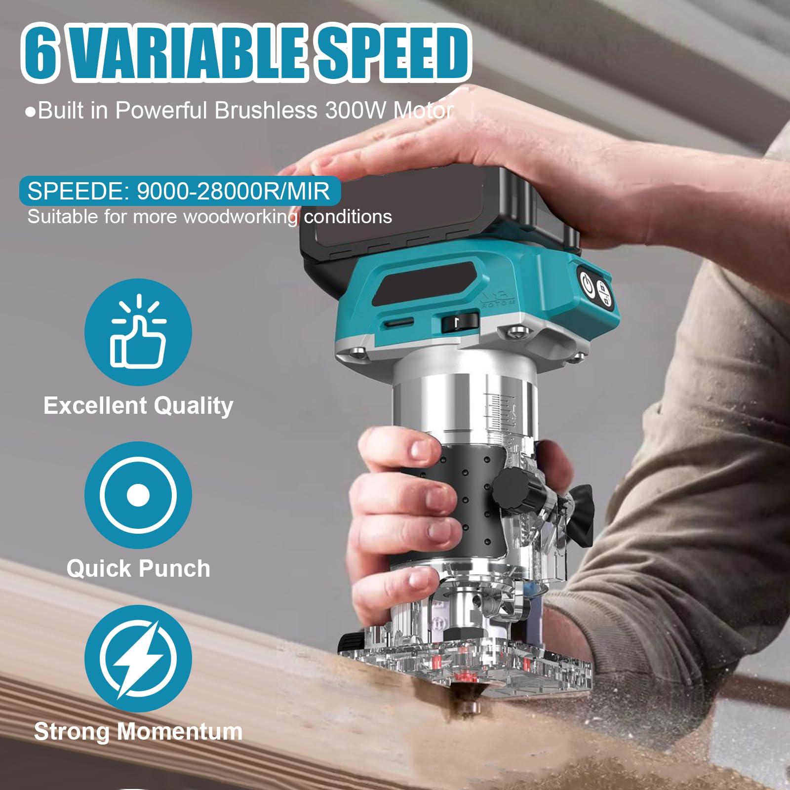 Akku Oberfräse kompatibel mit Makita 18V Akku, 1300W Oberfräse Trimmer Einhandfräse, Bürstenloser Kantenfräser mit 6 Geschwindigkeit, 28.000 U/min Akku-Holzfräser für Holzbearbeitung (no Akku) (Blue)