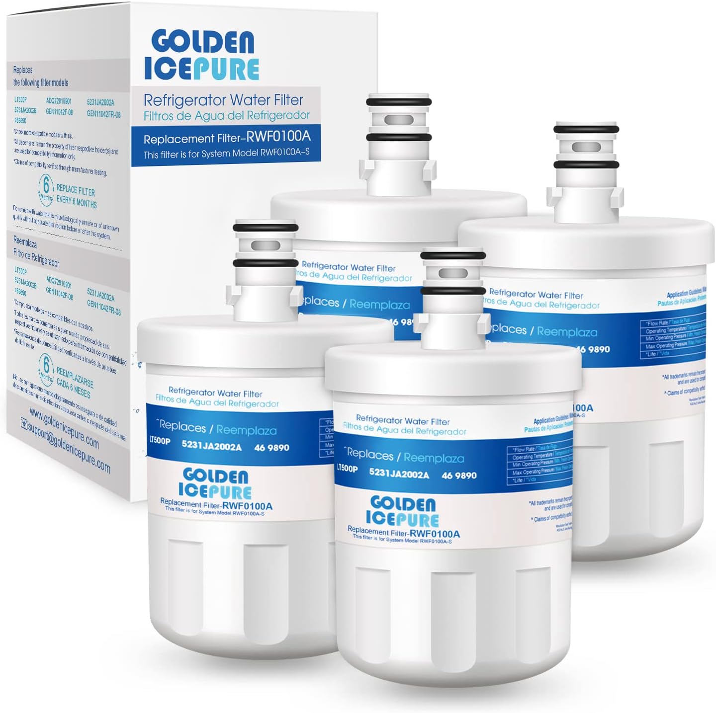 GOLDEN ICEPURE RWF0100A Refrigerator Water Filter, Replacement for ADQ72910901, LG LT500P, Kenmore 469890, 9890, 5231JA2002A, LSC27925ST, ADQ72910907, 4PACK