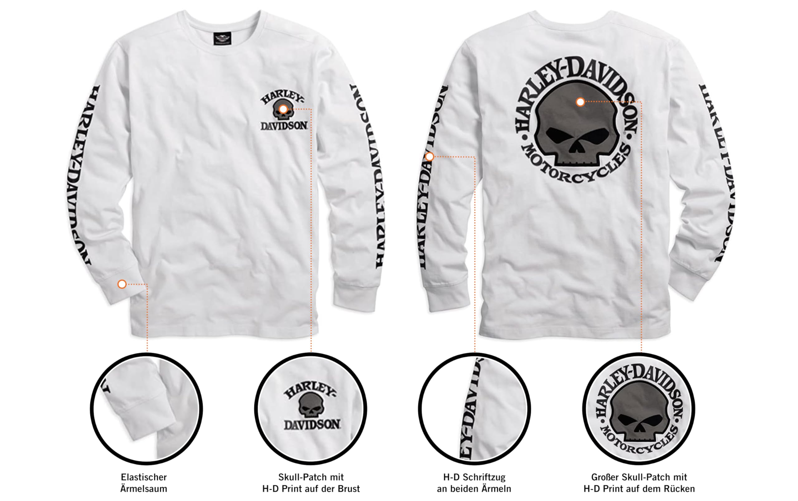 HARLEY-DAVIDSON Męska koszulka z długim rękawem Willie G. Skull - długi rękaw z bawełny - cienki letni sweter - długi rękaw, biały, L