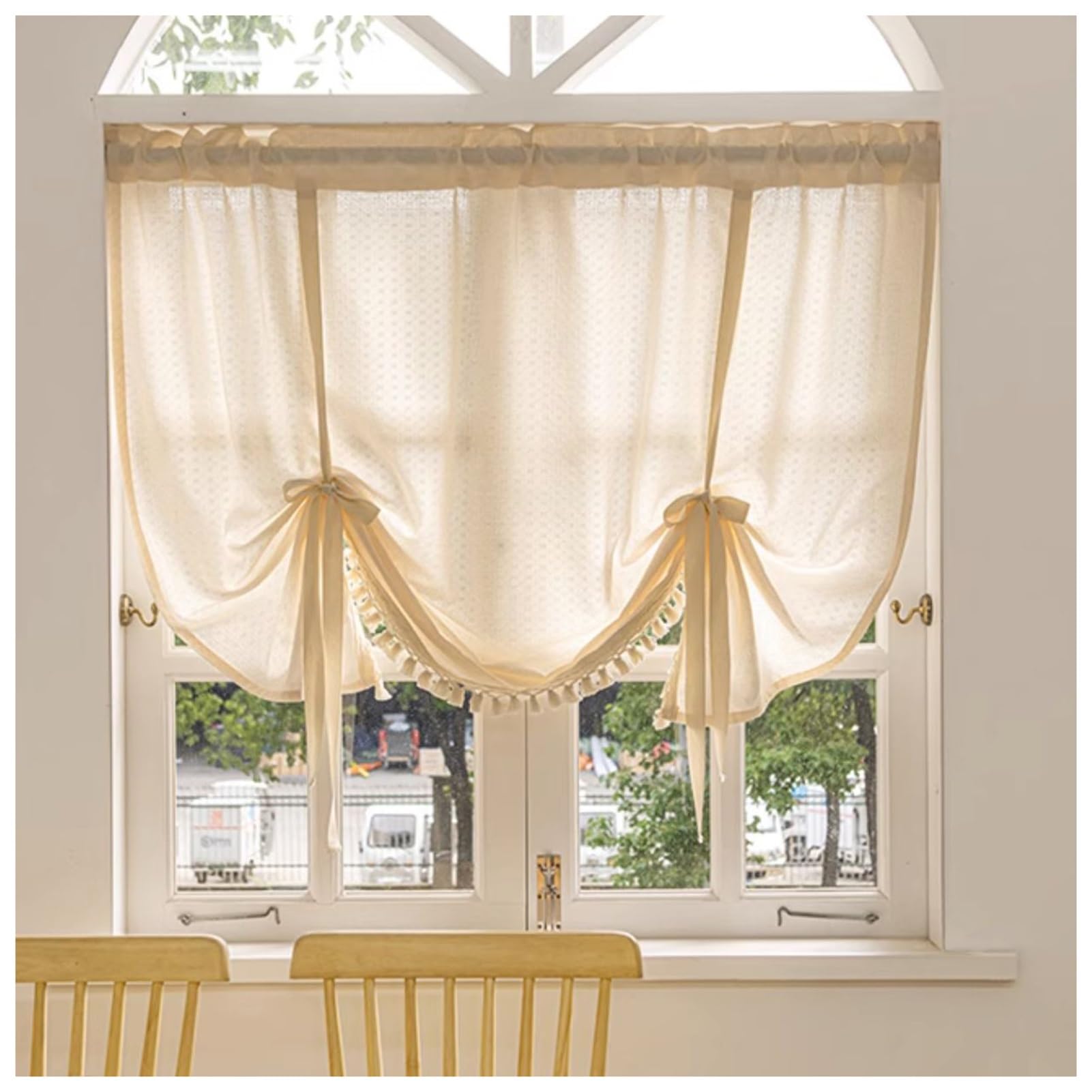 Rideau romain en coton et lin beige 130x200 cm avec passe-tringle et pompons pour la maison