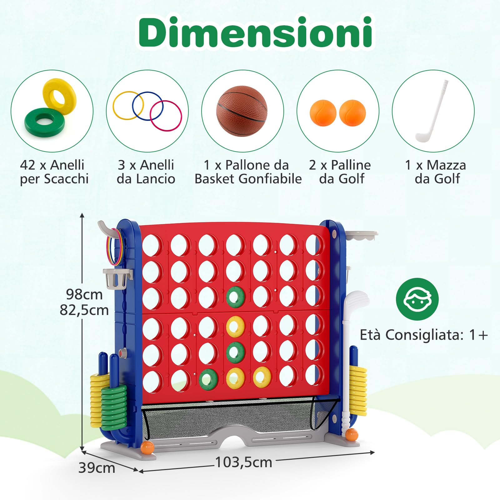 COSTWAY 4 in 1 Forza 4 Gigante, Set di Gioco 4 in Fila con Lancio degli Anelli, Canestro da Basket, Palla, Mazza da Golf, Porta Bicchieri, Borsa e Tasca a Rete, Forza 4 Regolabile in Altezza (Rosso)