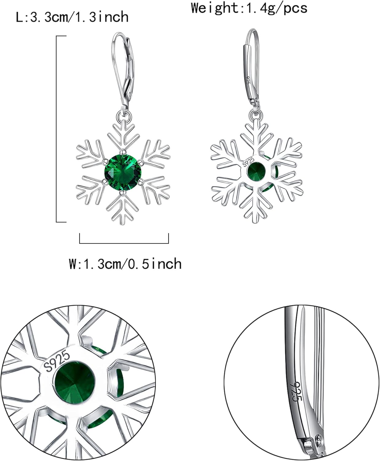 925 Sterling Silver Snowflake Earrings for Women, Christmas Cubic Zirconia Winter Snowflakes Leverback Drop Dangle Earring Snowflake Jewelry Gifts Accessories for Xmas New Year