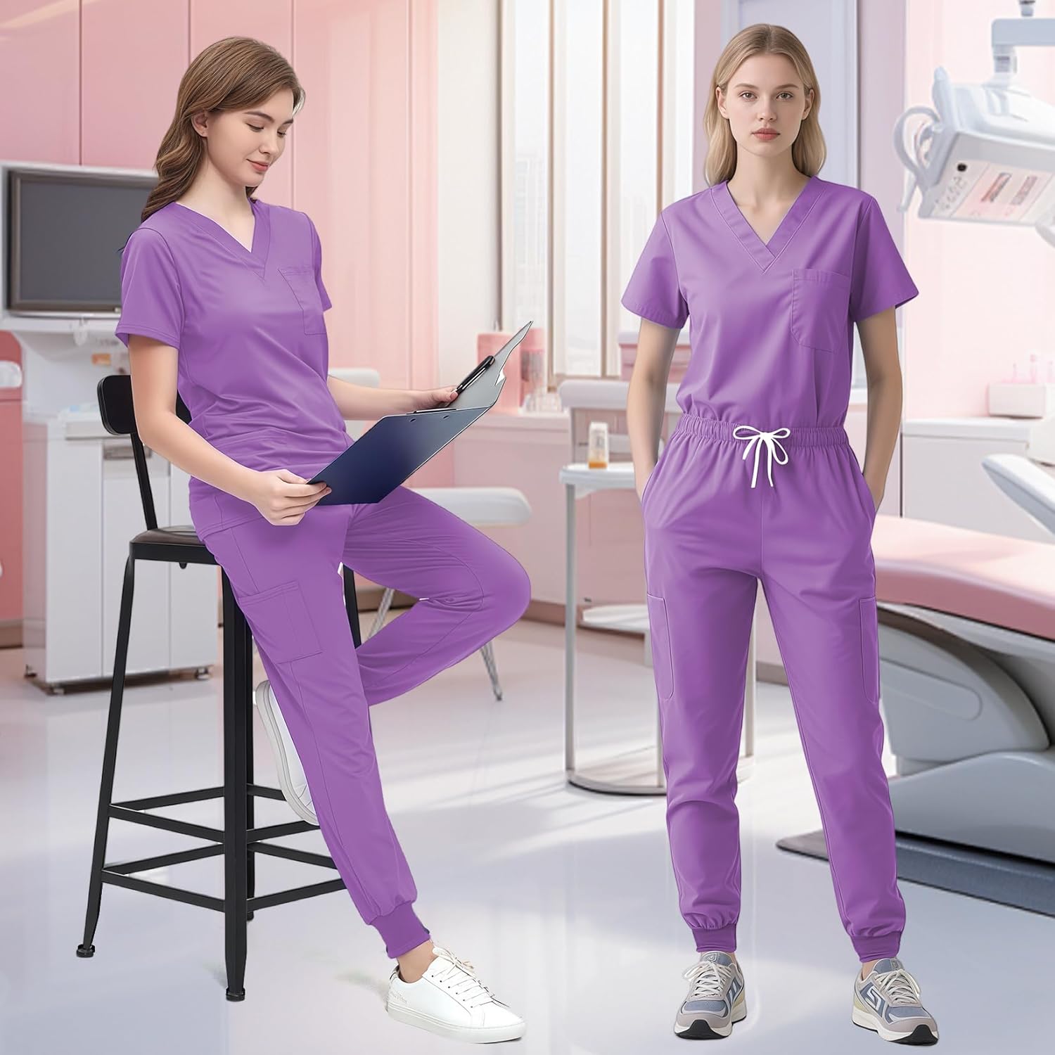 Jogging Scrubs Set for Women,Soft and Stretchy Nurse Uniform V-Neck Top and Yoga Jogger Pants with Multi Pocket - Image 5
