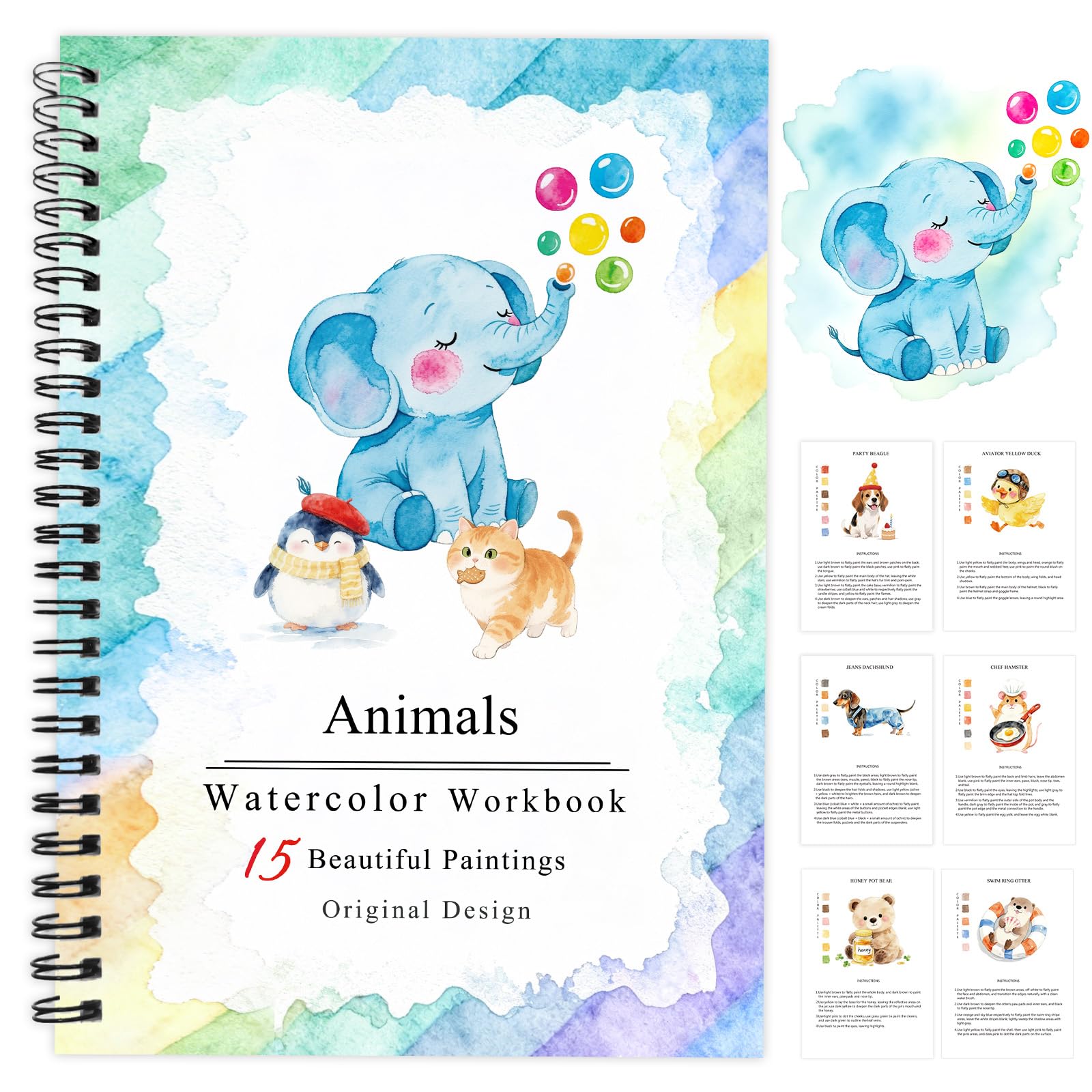 SLWBZ Quaderno da colorare per acquerelli, adatto ai principianti, facile e squisito con passaggi, libro creativo per esplorazione ad acquerello per adulti e ragazzi (elefante, senza vernice)