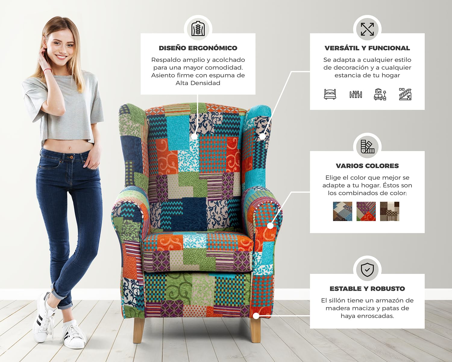 SUENOS ZZZ Sillón Irene Sillón Orejero De Lactancia Tapizado En Tela Patchwork Azul Para Dormitorio Salón O Habitación De Bebé