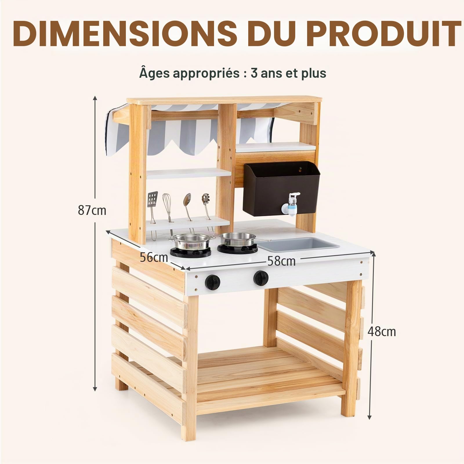HOMASIS 2 en 1 Cuisine en Bois Double Face pour Enfants, Jouet d'Imitation pour Enfant avec Auvent, Evier Amovible, Réservoir d’Eau et Robinet, Ensemble de Cuisine d'Extérieur de Sapin, Naturel