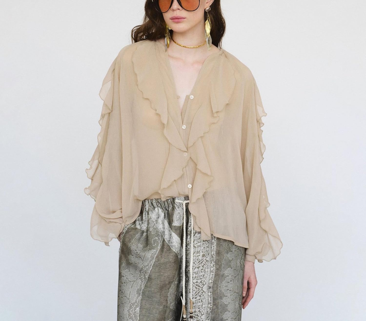 Womens Ruffle Chiffon Blouse Trendy Semi Sheer V Neck Top Long Sleeve Button Down Oversized Shirts