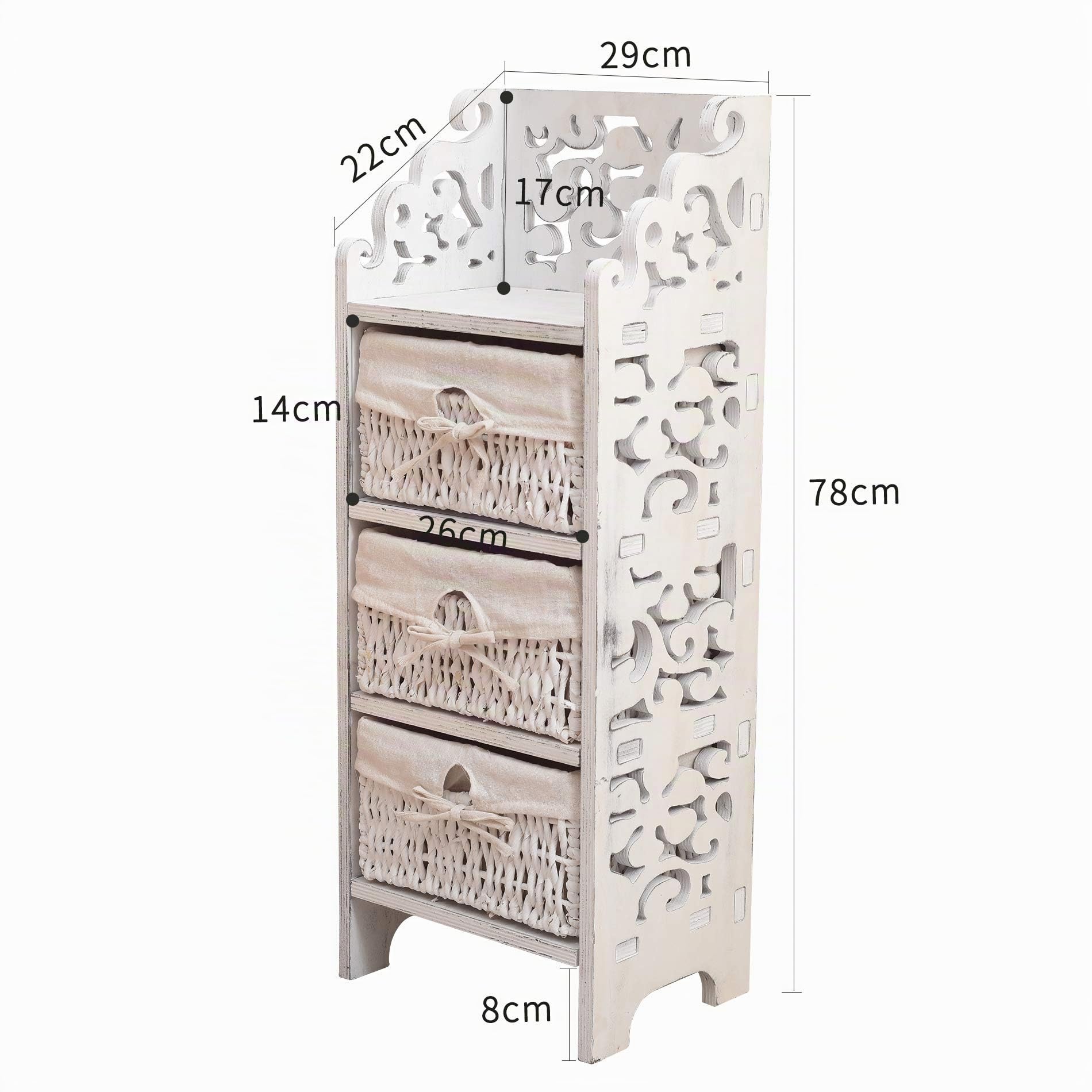 Rebecca Mobili Commode Shabby, Armoire de Rangement 3 Tiroirs Osier, Bois de Pin, Blanc Gris, Chambre Entree – Dimensions: 78 x 28,5 x 22 cm (HxLxL) - Art. RE4296
