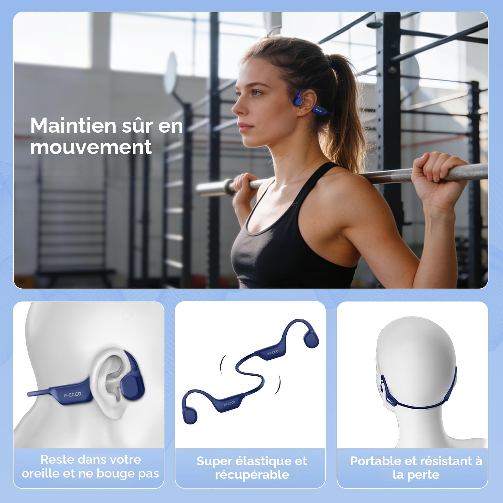 IFECCO Casque Conduction Osseuse Bluetooth 6.0, IP67 Écouteurs à Conduction Osseuse Open Ear Casque de Sport sans Fil avec Micro pour Course à Pied, Sport, Cyclisme, Fitness