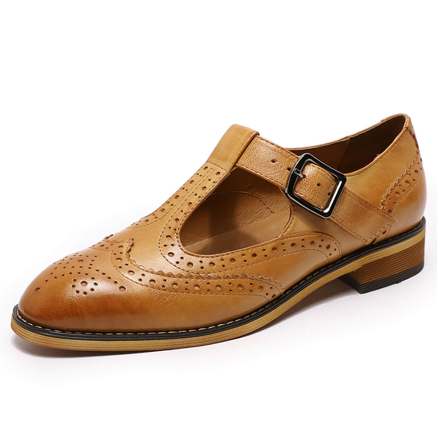 Mona flying Women's Classic Wingtip Oxfords Mary Jane T Strap Flat Leather Shoes for Ladies