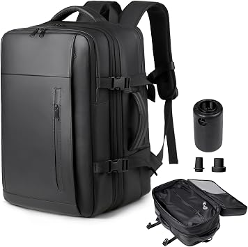 Travel Backpack with Vacuum, Large Travel Backpack Air Compression with Pump, 35L-55L Expandable Carry On Bag for Men Women, Checked Bag Cabin Size 45x36x20cm - Black