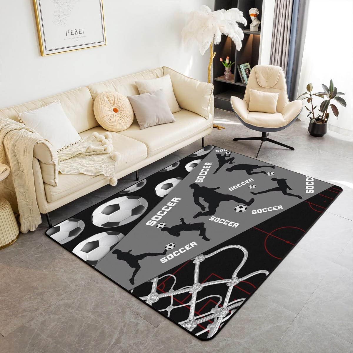 Soccer Area Rug for Kids Boys Teens,Grey and Black American Soccer Carpet 5x7,Gift for Soccer Player Area Rugs,Sports Ball Game Court Net Indoor Floor Mat Home Room Decor