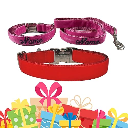 Miniatura 4 de Embroidered Personalized DOG COLLAR with Pet Name and Leash Option - Custom Velvet Dog Collar for Boy & Girl Dogs - 4 Adjustable Sizes for