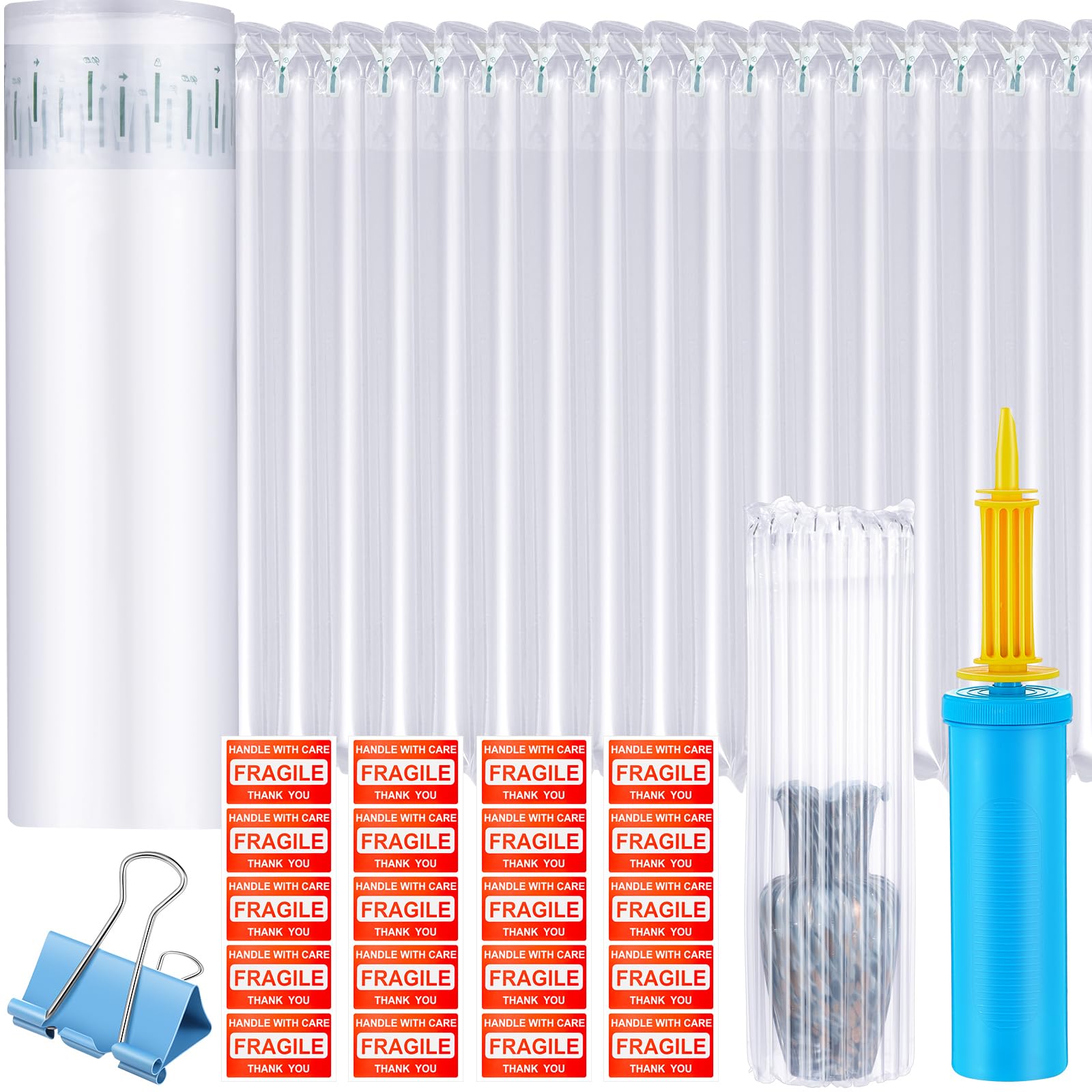 PerKoop 24"x85' Inflatable Air Pillows for Shipping Large Bubble Cushioning Wrap Packing with Pump Bubble Cushioning Wrap Roll with Fragile Stickers