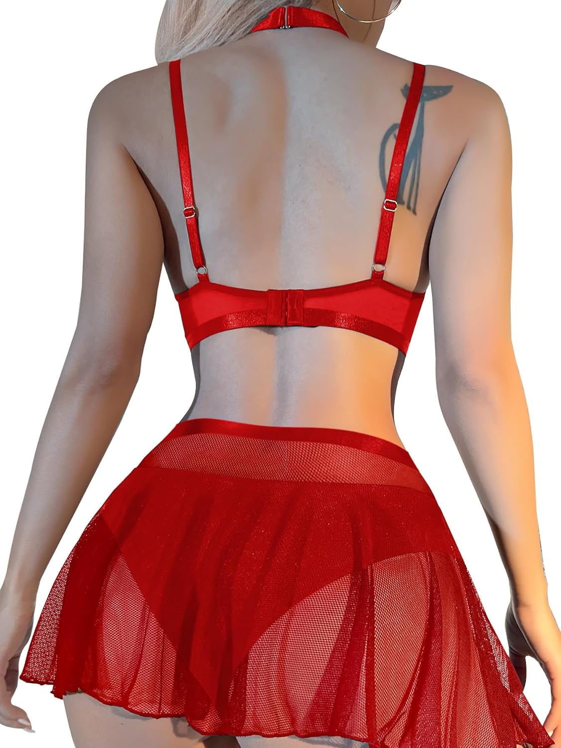 Lilosy Sexy Fishnet Stocking Chocker Strappy Underwire O Ring Skirt Women Lingerie Set 5 Piece - Image 2