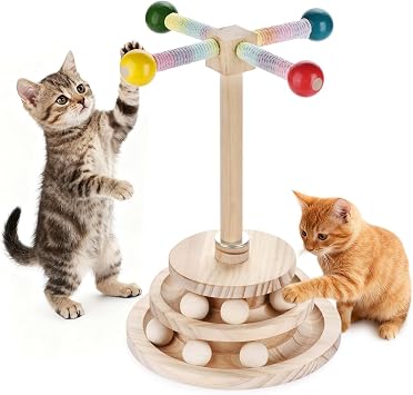Wooden cat Toy Interactive Turntable with Spinning Ball and teapot Stick, Multi-Level cat Track Ball Toy Suitable for Kittens and Adult Cats, cat Sports Puzzle Toy
