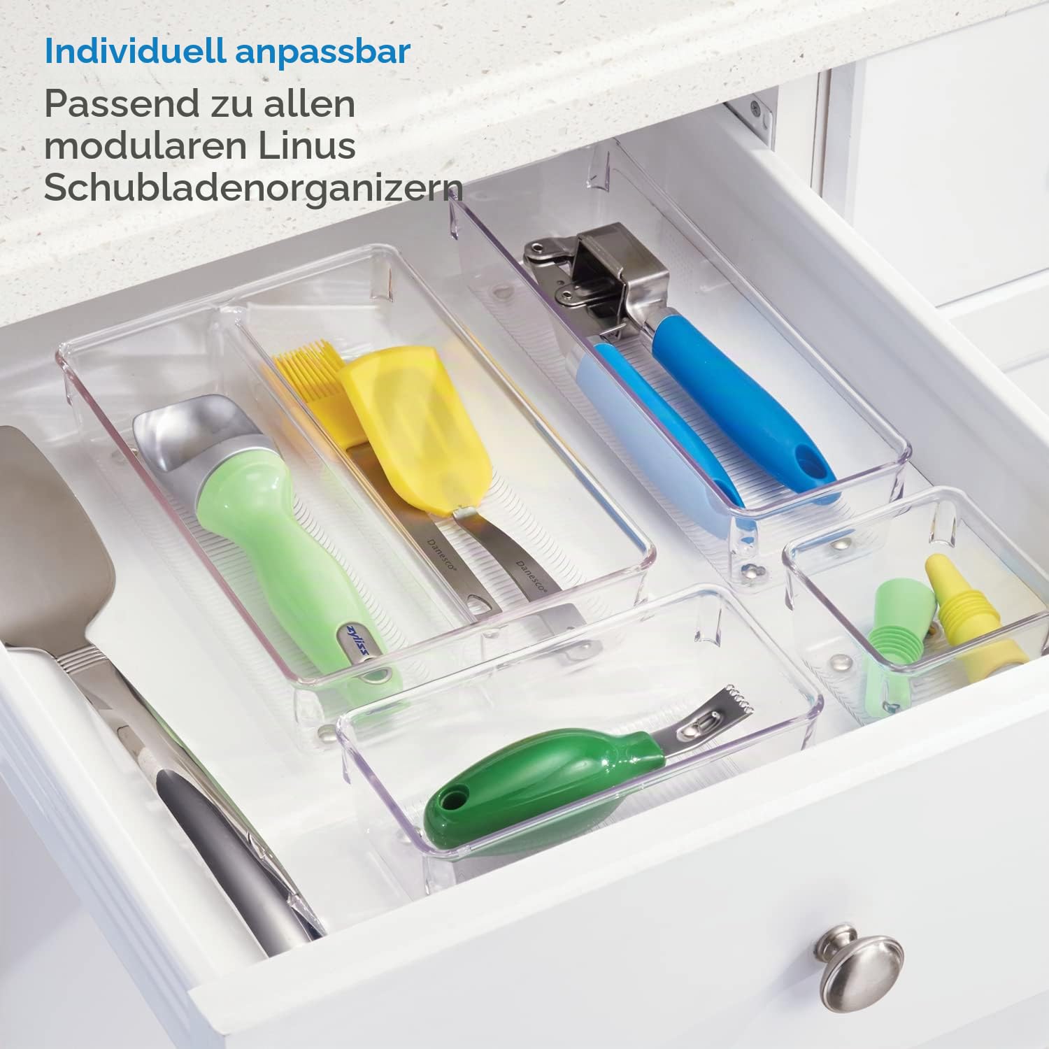 iDesign Schubladen Organizer, mittelgroßer Schubladeneinsatz aus Kunststoff, Besteckkasten für Schubladen in Küche, Bad und Büro, durchsichtig, 10 cm x 20,5 cm x 7,5 cm