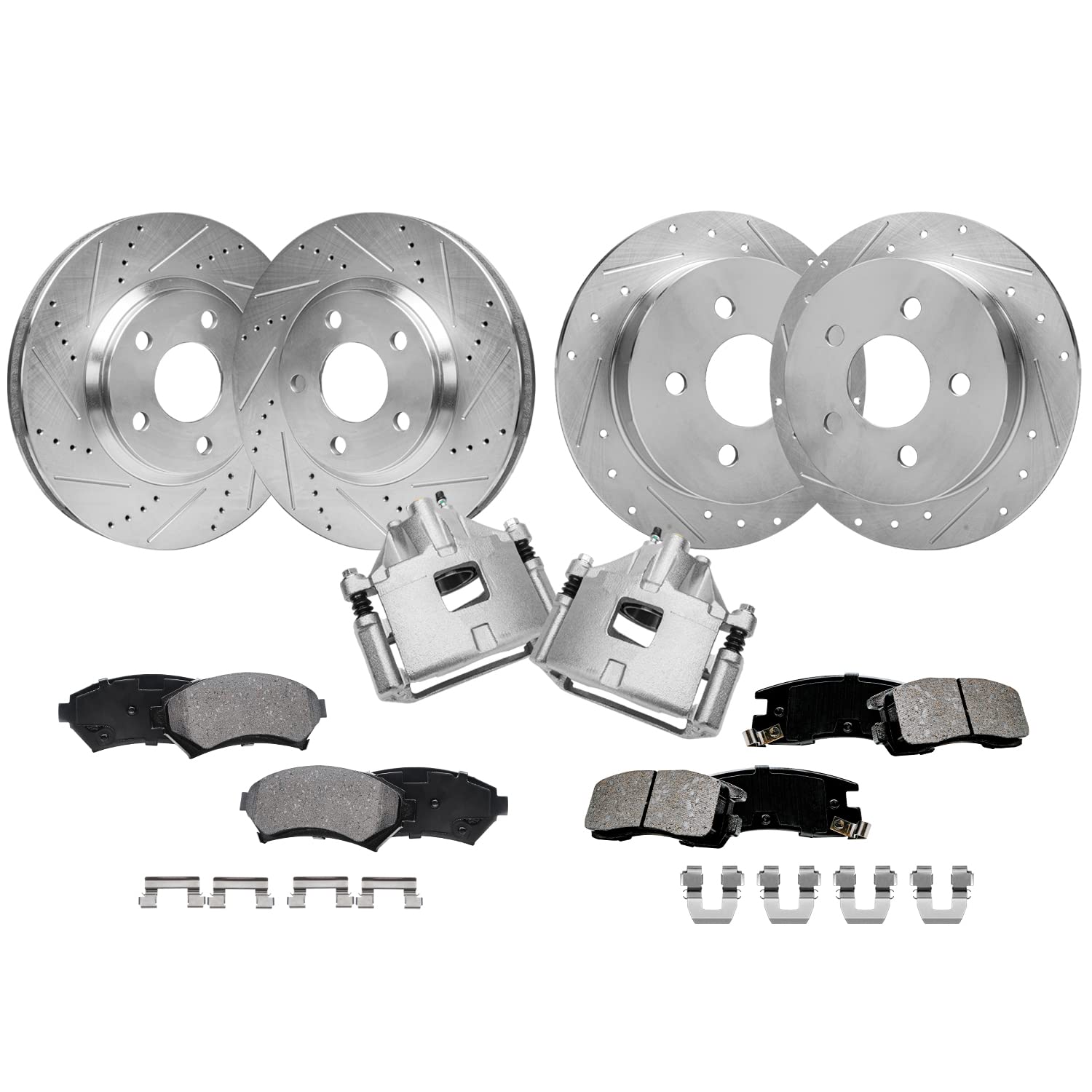 Detroit Axle - Front &amp; Rear Drilled Rotors Brake Pads Front Calipers | Replacement for 2000-2005 Chevrolet Impala 2000-2004 Monte Carlo - 10pc Set