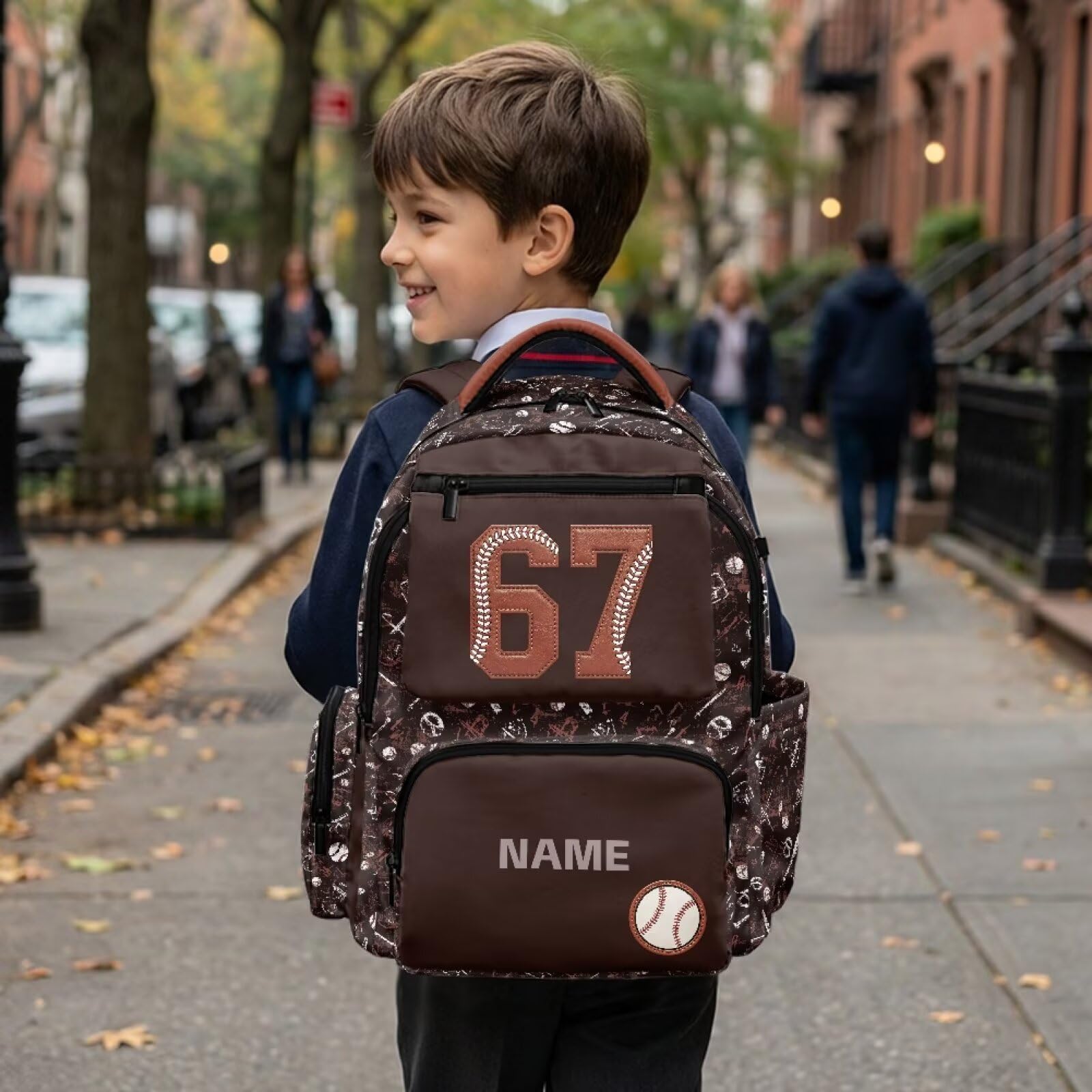 HUGS IDEA Mochila escolar para niños de 17.7 pulgadas con nombre personalizado para niños de 6 a 15 años, Béisbol 67