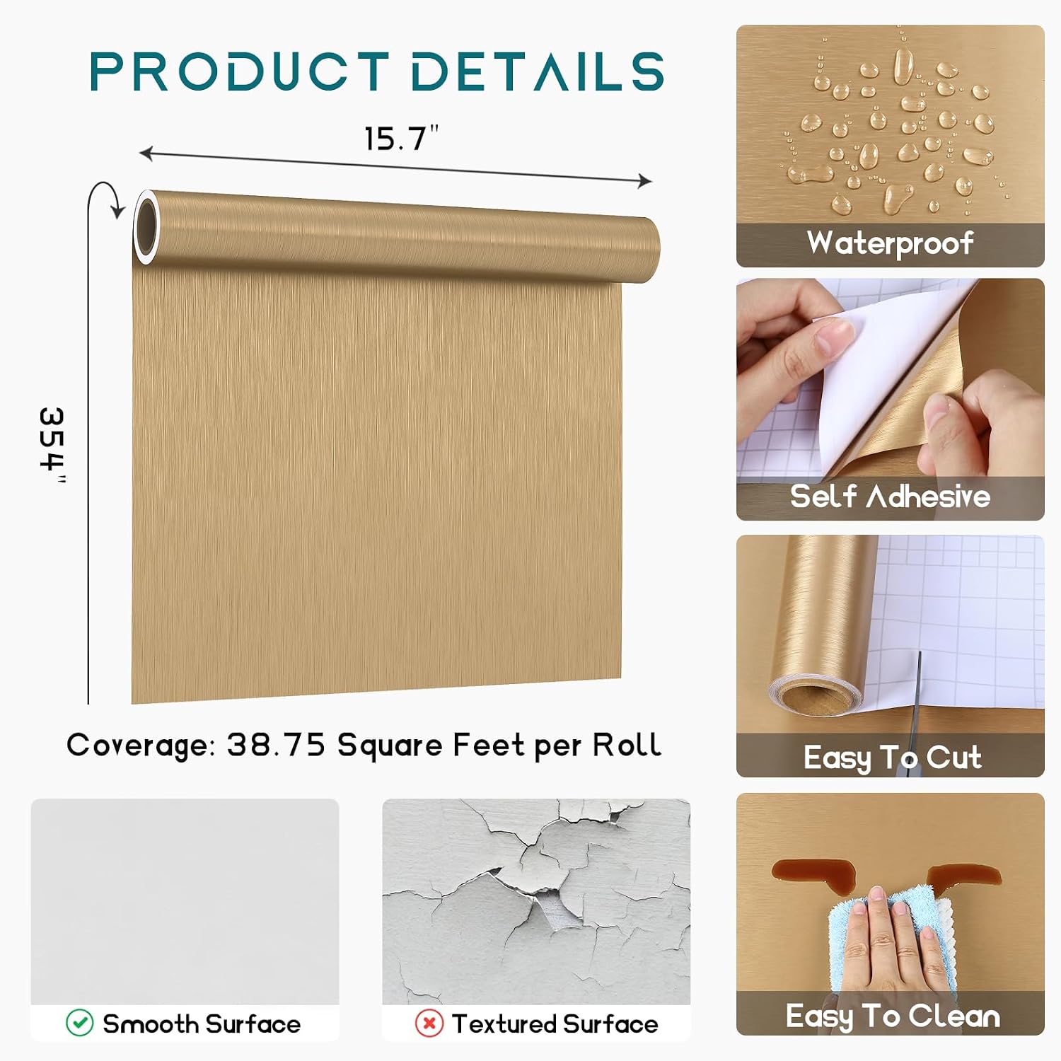 VEELIKE Thick Brushed Gold Stainless Steel Contact Paper for Appliances Refrigerator Wrap Peel and Stick Metallic Wallpaper Waterproof Adhesive Gold Contact Paper for Cabinets Countertops 15.7''x354''