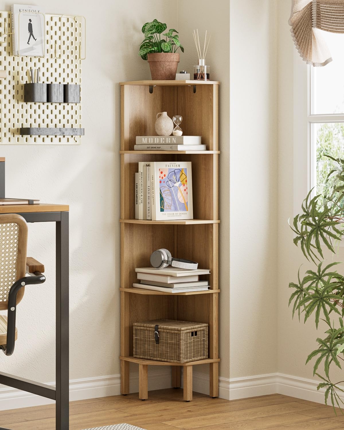 Estantería esquinera con 5 niveles, estantería para plantas, estantería de almacenamiento para salón, oficina, dormitorio, 127 x 29 x 29 cm, madera de roble