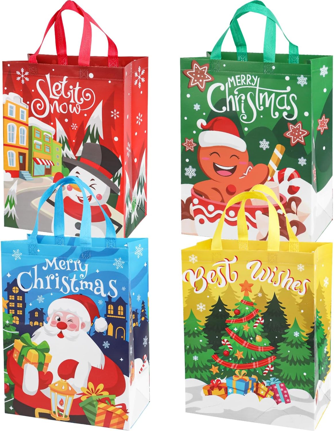 FINGOOO12 Pack Large Christmas Gift Tote Bags with Handles,16" x 12" x 6“ Reusable Christmas Gift Bags Multifunctional Non-Woven Gift Wrapping Grocery Shopping Bags for Holiday Party Supplies