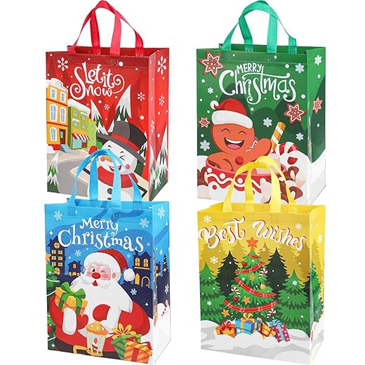 FINGOOO 12 Pack Large Christmas Gift Tote Bags with Handles,16" x 12" Reusable Christmas Gift Bags Multifunctional Non-Woven Gift Wrapping Grocery Shopping Bags for Holiday Party Supplies
