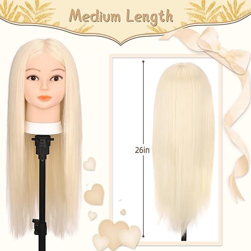 Miniatura 10 de Mannequin Head with 70% Human Hair, 26" Light Brown Real Human Hair Training Head, Manikin Cosmetology Head with Clamp Holder & Tools, Practice Doll
