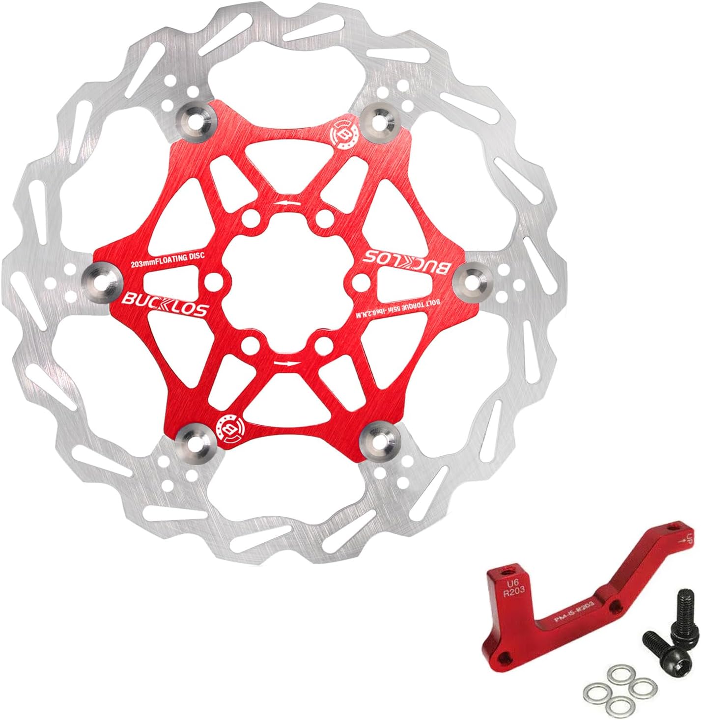 BUCKLOS Red is Rear 203mm Disc Brake Caliper Mount Adapter Gear Parts Accessories with 203mm Floating Disc Brake Rotor with 6 Bolts