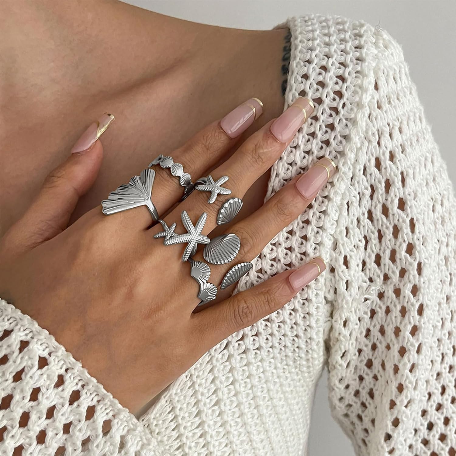 Gold Starfish Shell Rings Set for Women Boho Statement Seashell Rings Adjustable Summer Beach Ocean Jewelry Gifts - Image 3