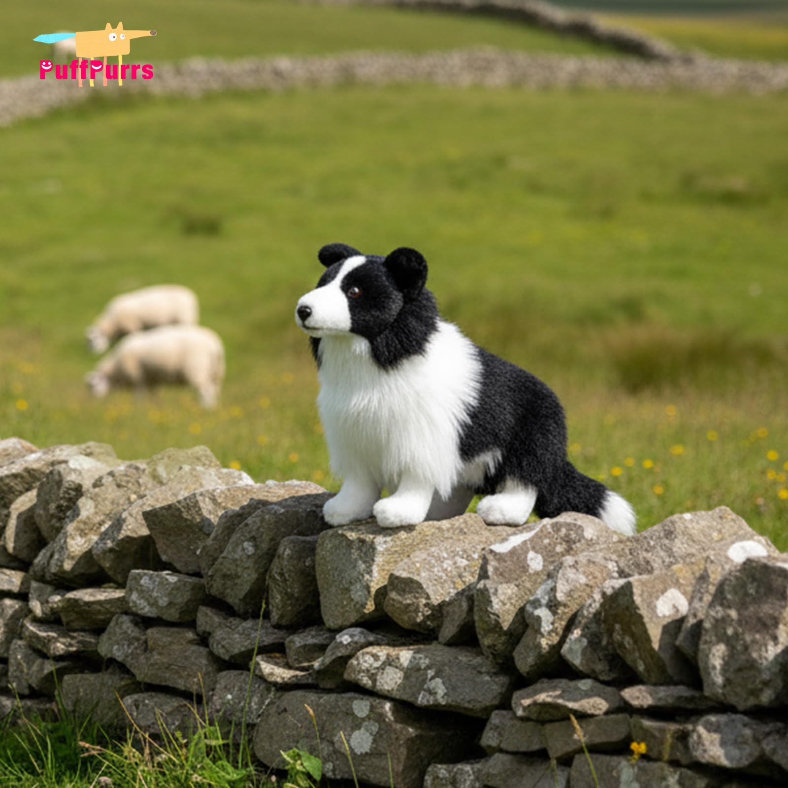PuffPurrs Lifelike Border Collie Plush Toy, Realistic Black and White Sheepdog Teddy Stuffed Animal - Image 2