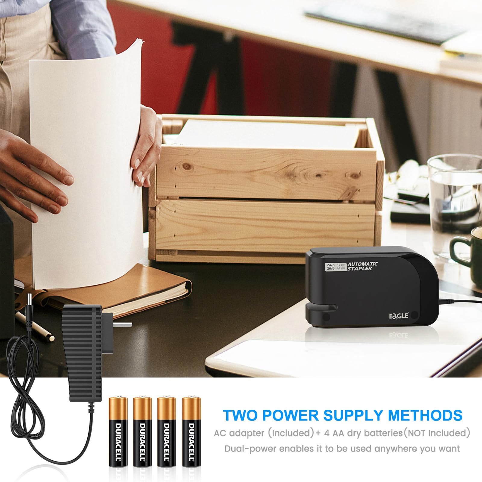 Grapadora automática, compatible con grapas 24/6 y 26/6, grapadora eléctrica para oficina y hogar, capacidad de 25 hojas, funciona con batería o USB
