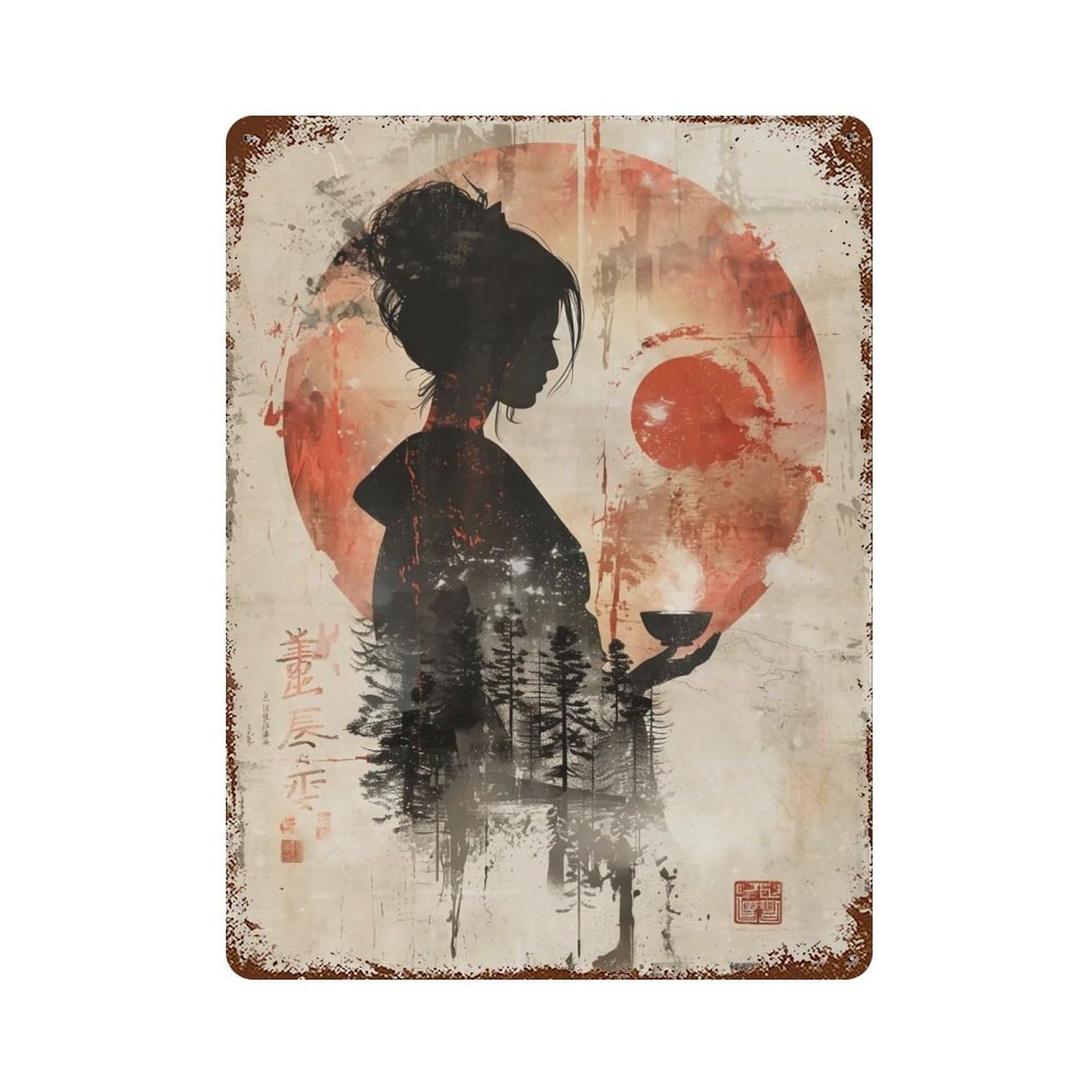 YHGERTKU Japanese Woodblock Print Zen Woman Steaming Tea 02 Wall Art Retro Iron Vintage Metal Tin Sign Poster Modern Decor for Living Rooms Gift 40x30cm