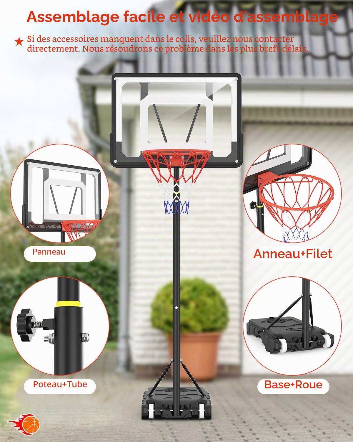 Panier de Basket Portable Intérieur/Extérieur- Réglable (1.5m-2.1m) avec Panneau Incassable 84cm - Roues de Transport - pour Enfants/Ados/Jeunes - Polycarbonate Renforcé