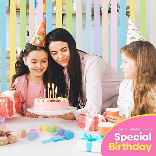 Vista 90 de 8 rollos de serpentinas moradas, paquete de 656 pies de papel crepé morado con blanco para decoraciones de fiestas, decoraciones de cumpleaños