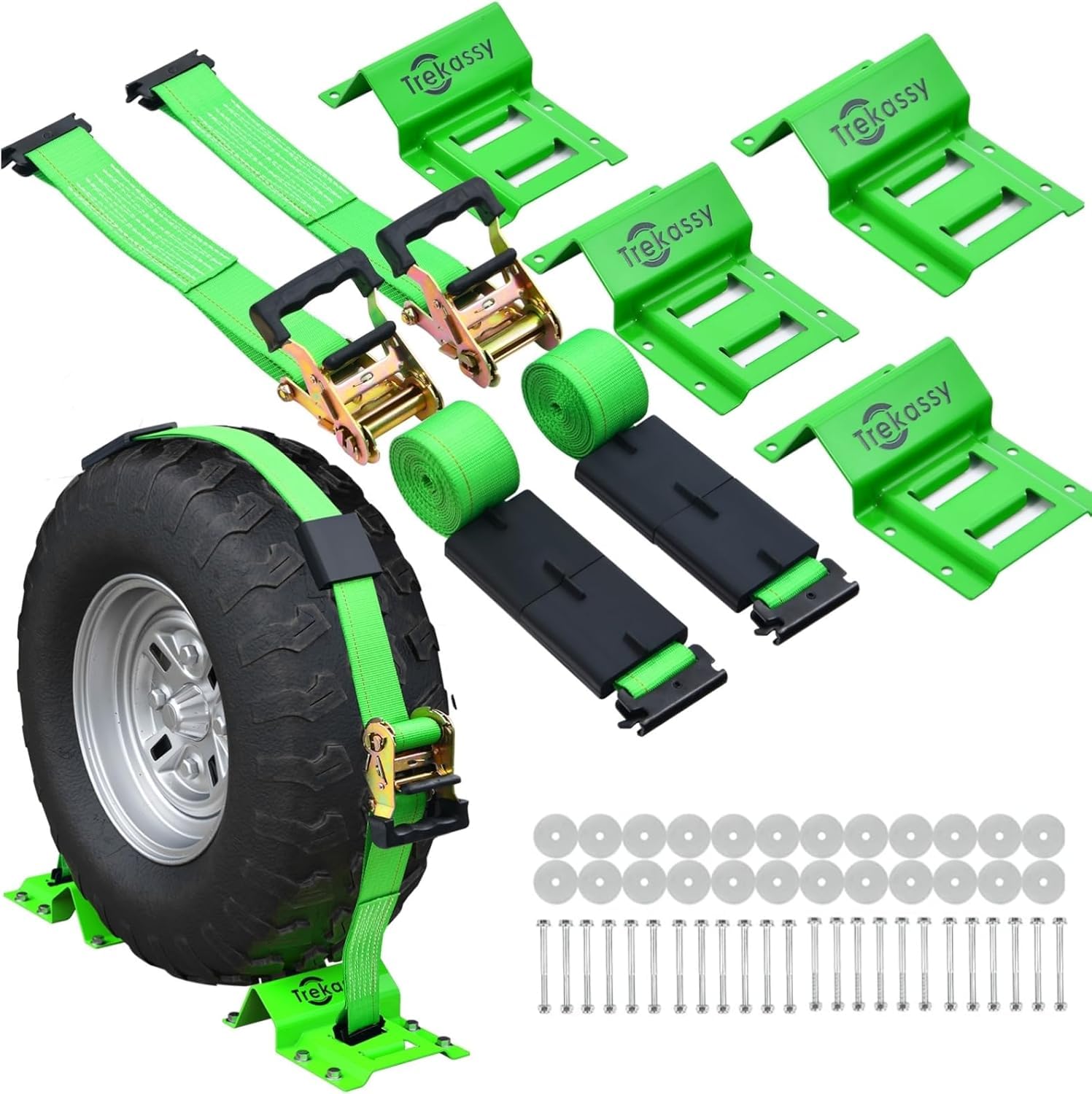 Trekassy Wheel Chock Tie-Down Kit with Rubber Blocks, (4,500lb Break Strength) Heavy Duty E Track Trailer Tire Straps for ATV, UTV, Lawn Mower- 2 Pack