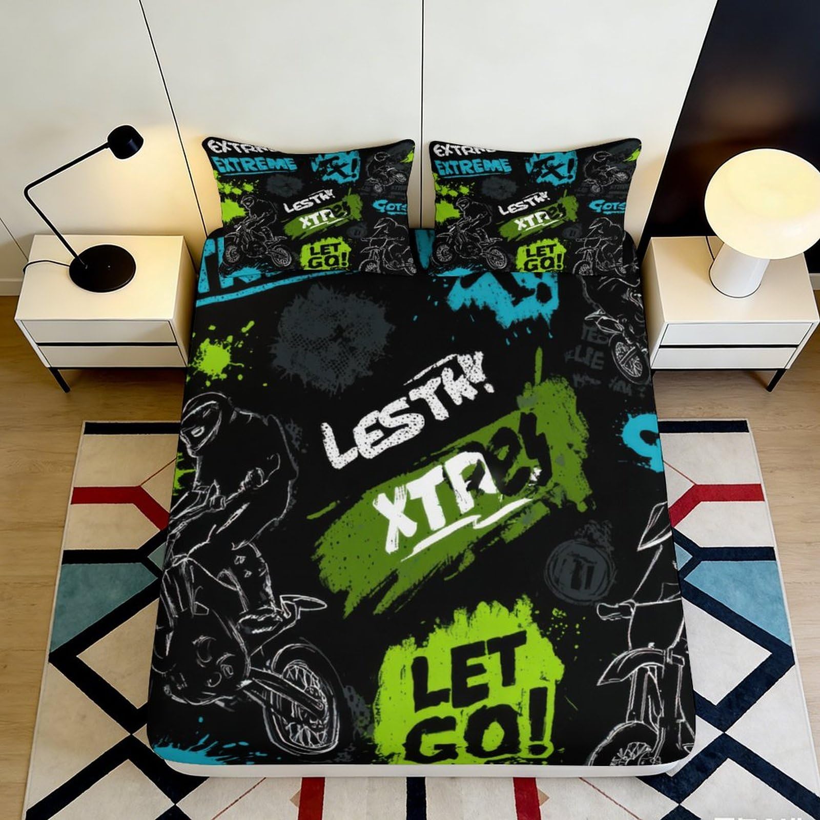 Uynsixtme Style-1 3D Printed Graffiti Trend Fitted Sheet Microfiber Deep Pocket Non-Slip Bedroom Bedding Set Trend Mattress Fitted Cover Washable For All Ages 90X200x25cm