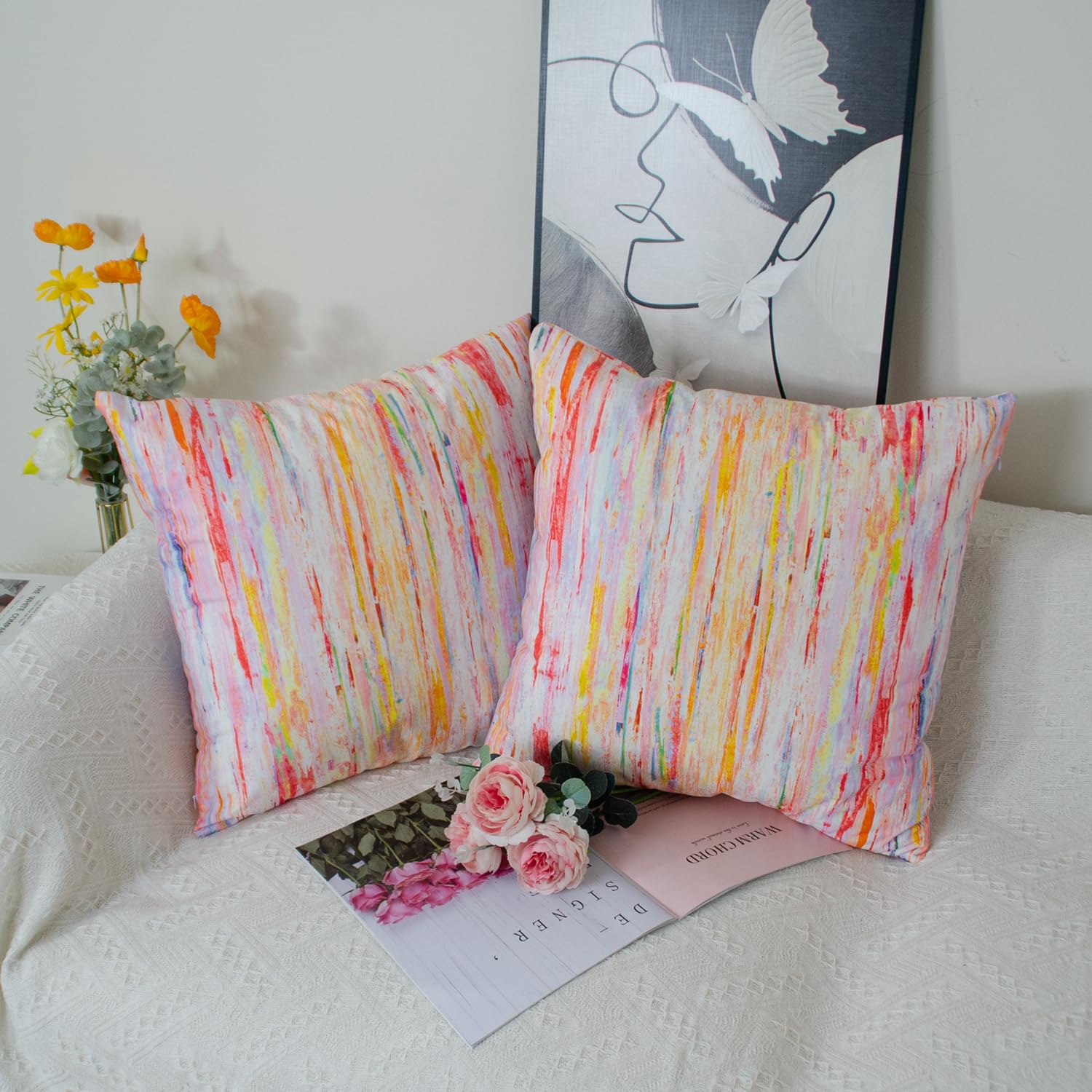 DILOXNSU Cushion Covers 45 x 45 cm Colorful Abstract Art Set of 2 Rainbow Oil Painting Soft Velvet Decorative Square Pillow Cover for Sofa Couch Livingroom Home Decor Cushions Cases 18 x 18 Inch - Image 3
