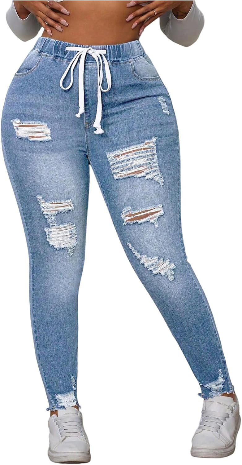 WDIRARA Women's Plus Size Drawstring Waist Ripped Jeans Stretch Skinny Denim Pants