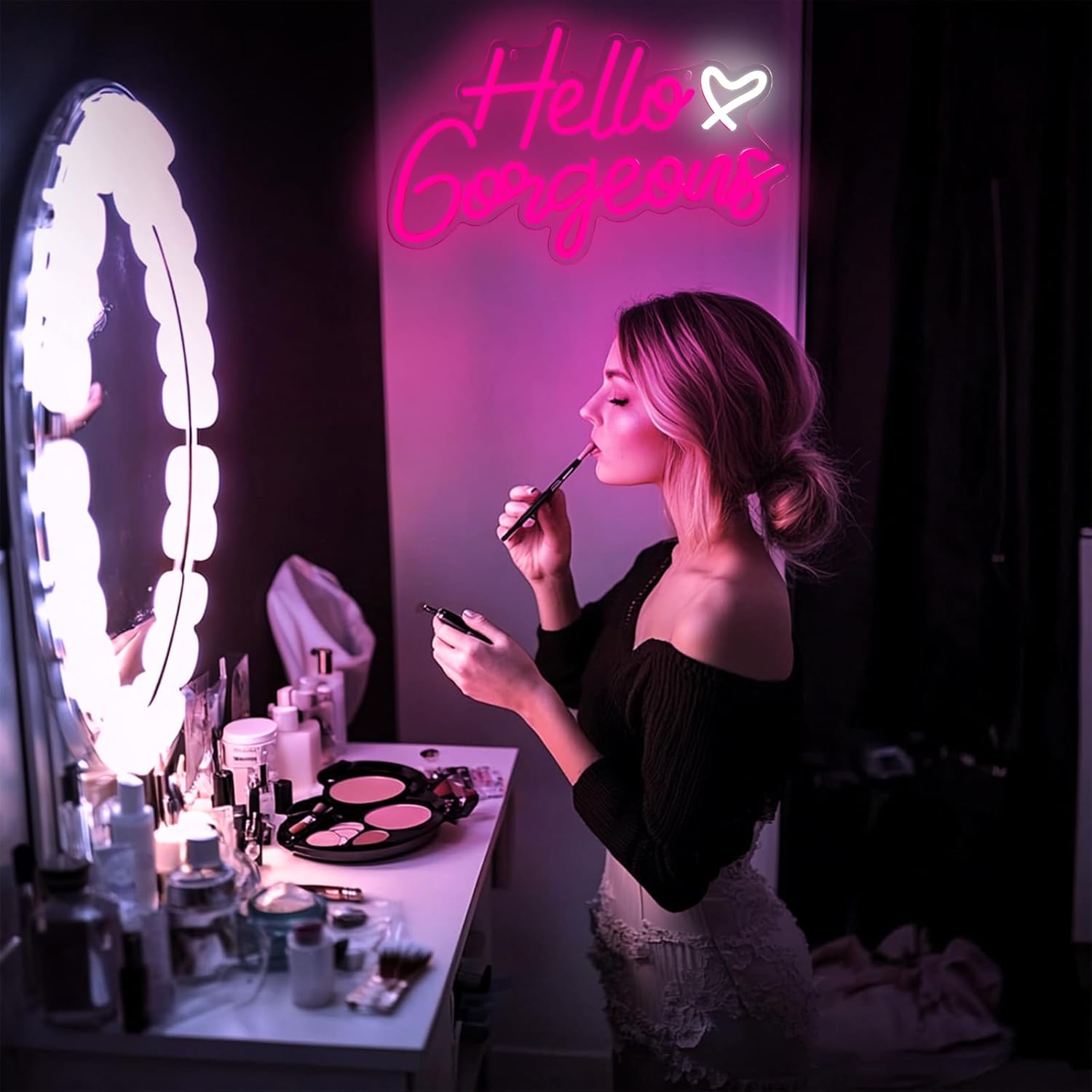 Hello Gorgeous Neon Signs Hello Beautiful Pink LED Neon Lights Dimmable LED Light Sign for Home Wedding Birthday Backdrop Bacelorette Party Decoration, Pink