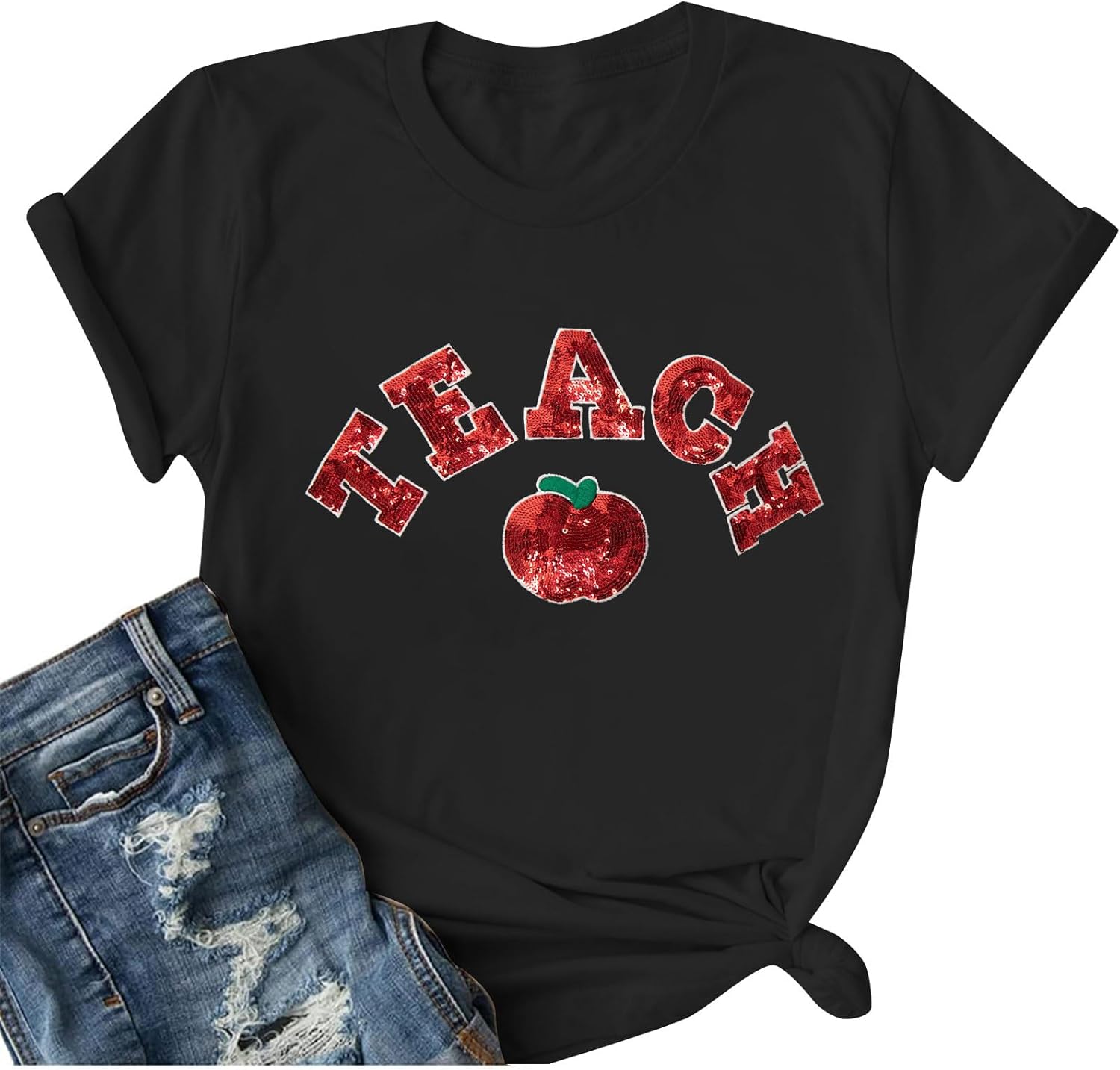 Teacher Shirt for Women Sequin Teach Apple T Shirt Back to School Shirt Kindness Tee Teaching Life Tops