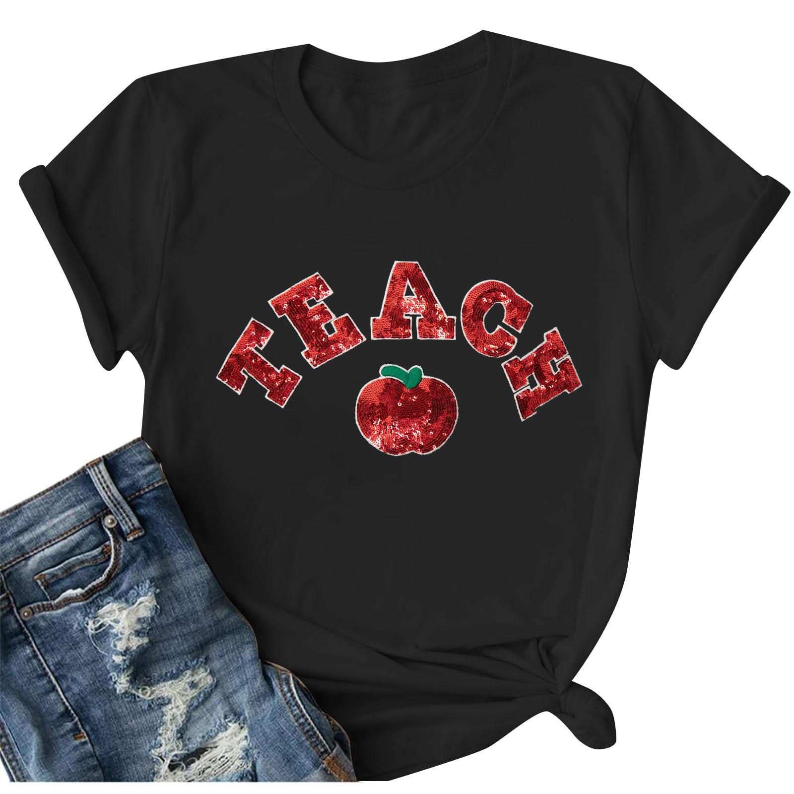 Teacher Shirt for Women Sequin Teach Apple T Shirt Back to School Shirt Kindness Tee Teaching Life Tops