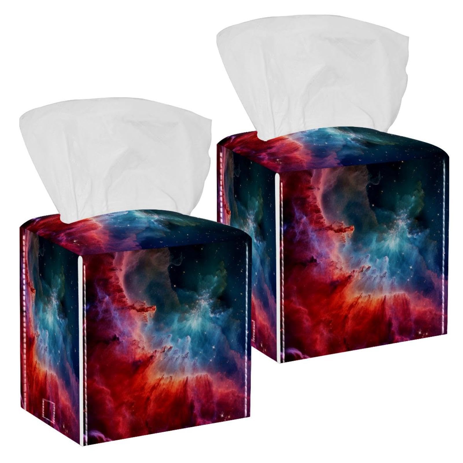 Stars Nebula Tissue Box Cover, 2 Pack PU Leather Square Facial Tissue Dispenser Box holder for Home Office Car